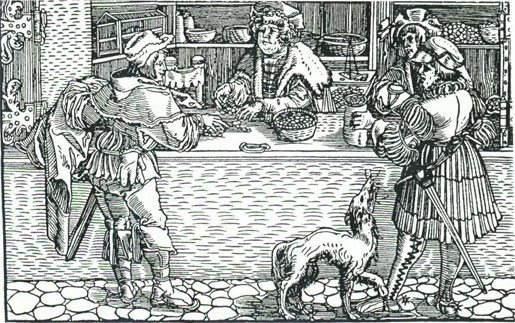 Abbildung 11: Ein Bankier im Geschäft mit seinen Kunden. Eine Gravierung von Hans Burgkmair (1473 bis ca. 1530) (aus Daltrop 1974, 21)