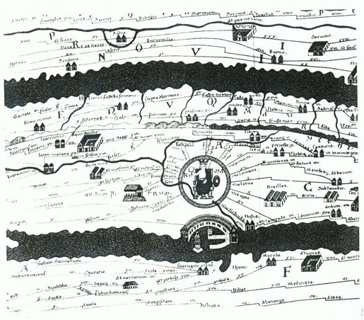 Abbildung 15: Ausschnitt aus der Peutingerschen Tafel, einer Strassenkarte, die im 12. Jh. nach antiken Vorlagen gezeichnet wurde. Zu sehen sind Mittelitalien und Rom (mit Kaiserbild), Flüsse, Gebirgszüge und Strassenlinien mit Meilenangaben (aus Seibt 1987, 172)