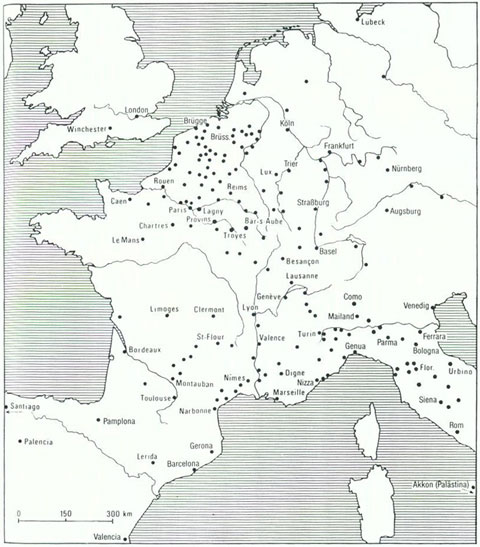 Abbildung 16: Auf den Messen der Champagne im 12.-13. Jh. vertretene Städte. Aus dieser Karte geht die Bipolarität des europäischen Wirtschaftsraumes im 13. Jh. mit den Niederlanden im Norden und Italien im Süden deutlich hervor (aus Braudel 1988, 119)