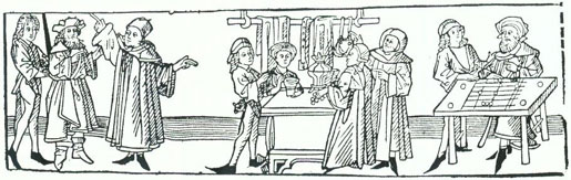 Abbildung 17: Kaufmannsalltag: eine Auseinandersetzung mit der marktschützenden Obrigkeit (links), der Warenstand (in der Mitte) und das Rechenbrett zum Umgang mit verschiedenen Münzsorten (rechts) (aus Seibt 1987, 179)