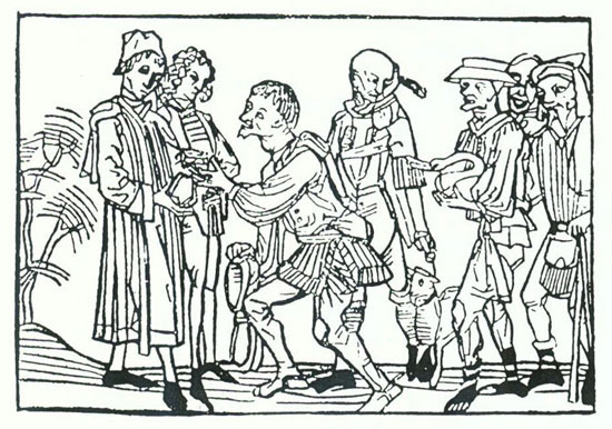 Abbildung 6: Bauern liefern Abgaben an den Grundherrn ab. Holzschnitt aus Augsburg von 1479 (aus Rösener 1987, 219)