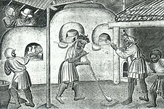 Abbildung 7: Mittelalterliche Werkstatt, in der Glaswaren hergestellt werden. Die fertigen Produkte werden (oben links) daraufhin überprüft, ob sie den Zunftvorschriften entsprechen (aus Freemantle 1965, 85)